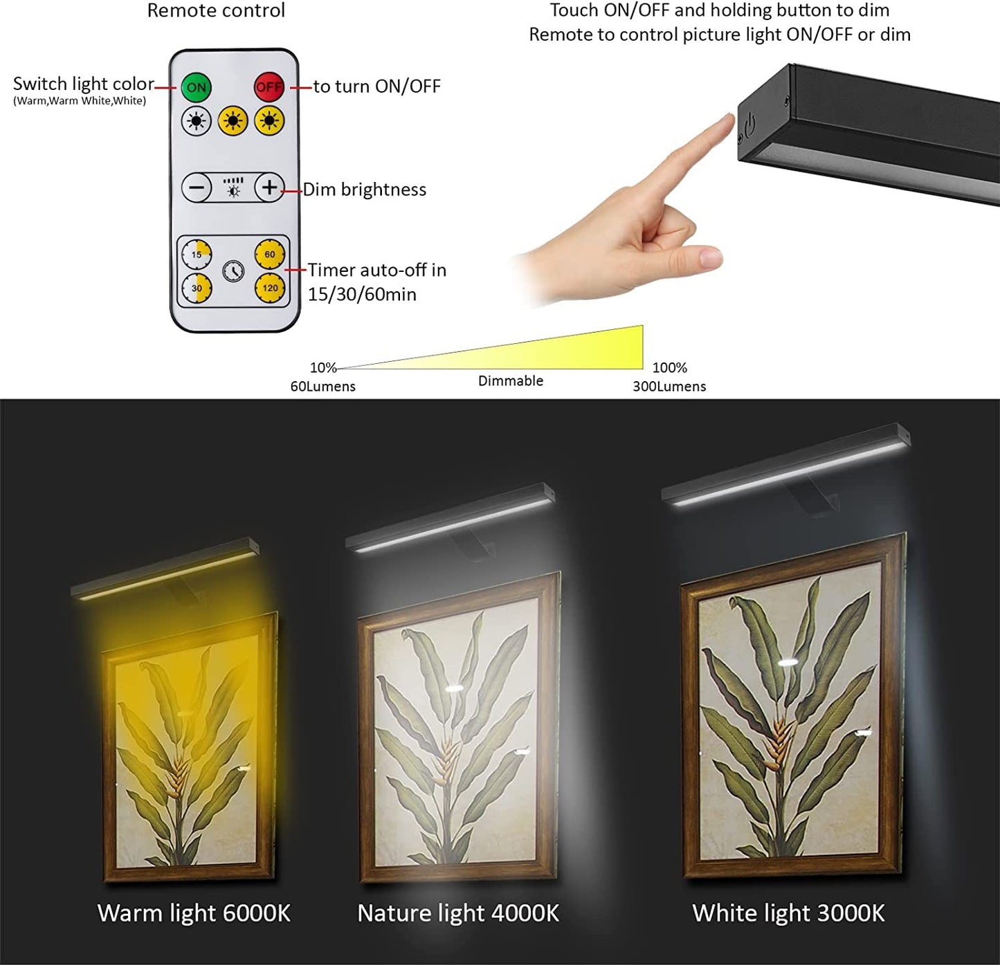 MIOBLUE Wireless Picture Light, 16 Inch Dimmable Metal Accent Light, Rechargeable with Remote Control, Black, Model HD-b-GM
