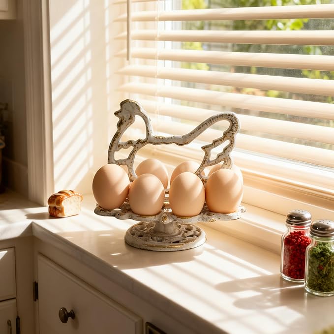 Vintage Cast Iron Chicken Egg Holder, Rustic Farmhouse Kitchen Decor Egg Tray, Heavy Duty Retro Decorative Table Display Stand for 8 Eggs (White with Gold)