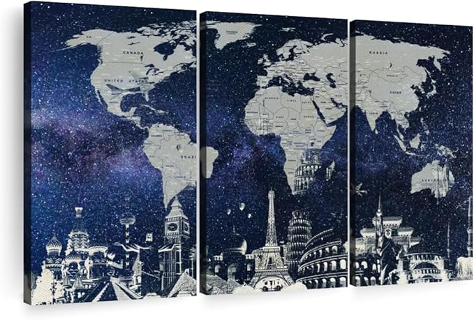 ElephantStock Starry World Map Multi Piece Canvas - 3 Panel Wall Decor - Map of the World Art - Canvas for the Office and Home - 50" X 32"