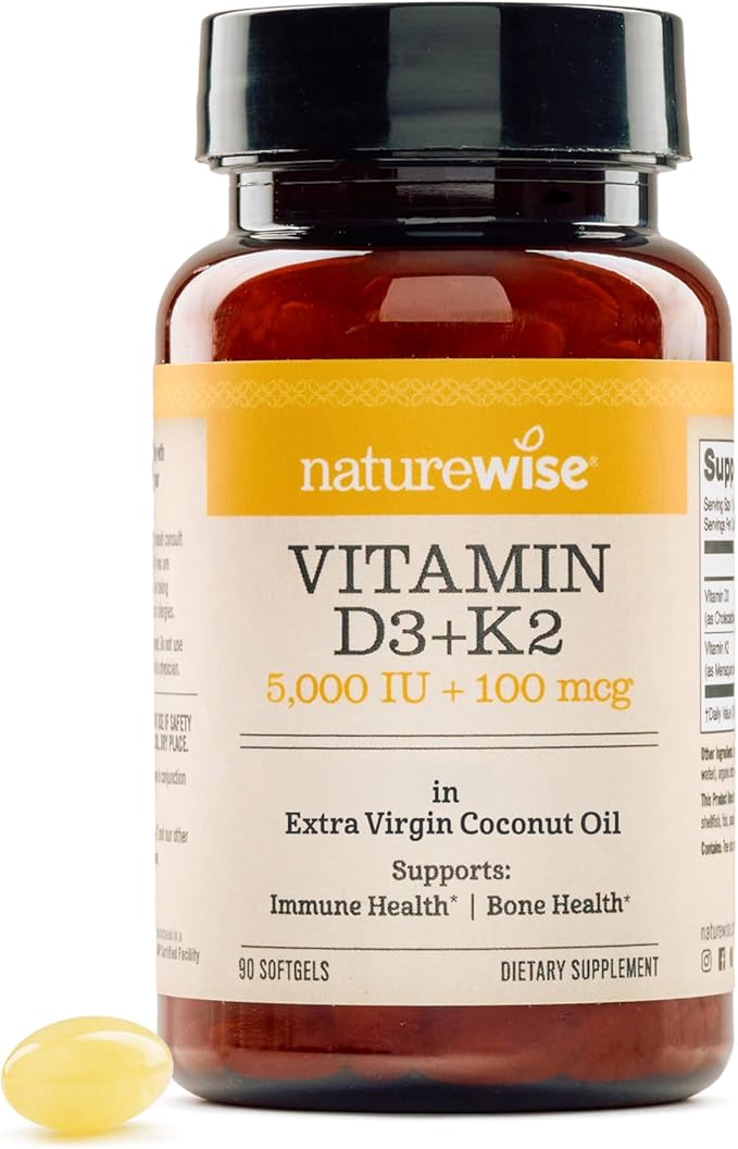 NatureWise Vitamin D3 5000IU + K2 (MK7) 100mcg with Organic Extra Virgin Coconut Oil - Supports Calcium Absorption, Bone & Immune Health - Non-GMO, Soy & Gluten-Free - 90 Softgels[90-Day Supply]