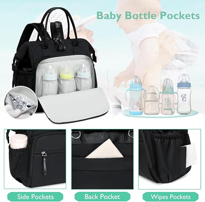 Convertible Diaper Bag Tote, Wide Open Top 14 Pockets Stylish Baby Diaper Bag with Stroller Buckle, Water-resistant (Black, Large)