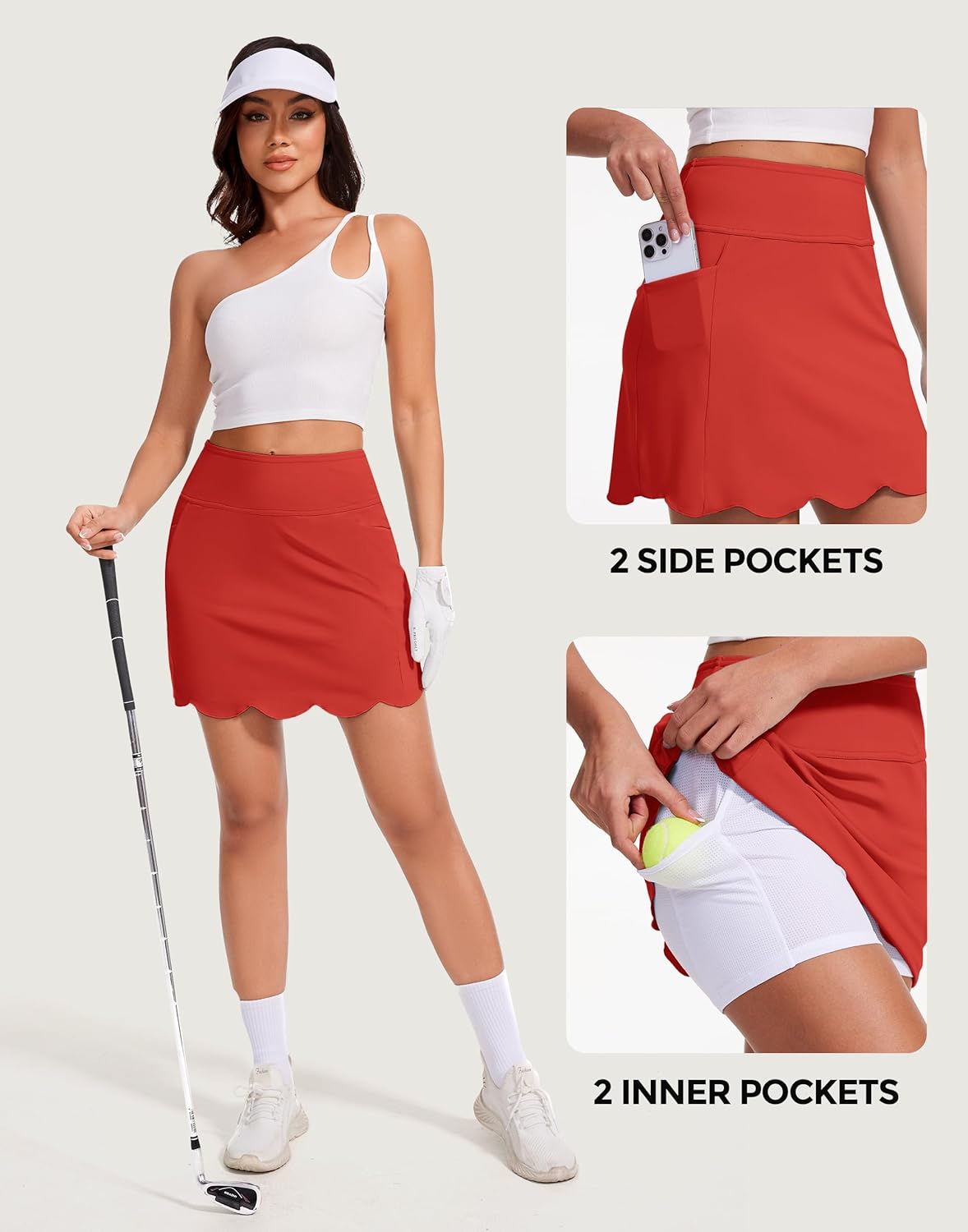M MOTEEPI Skorts for Woman with Pockets 16" Golf Athletic Skirts Scalloped Hem Tennis Skirt Dressy Casual
