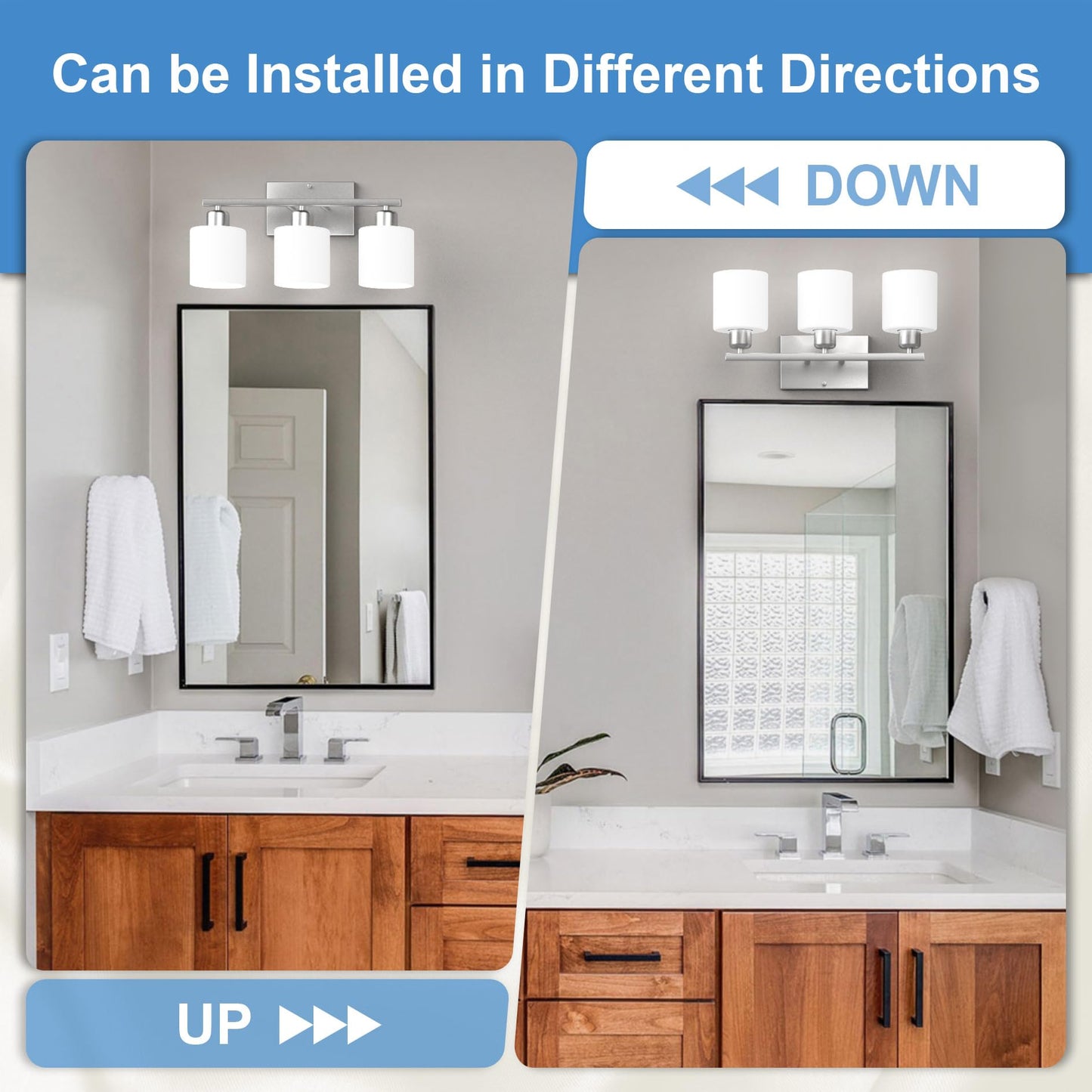 Dekang Bathroom Light Fixtures Over Mirror Brushed Nickel, Rustproof 3-Light Bathroom Vanity Lights, 18 Inches Modern Wall Sconces E26 Base, Milky White Glass Shades, Bulbs Not Included