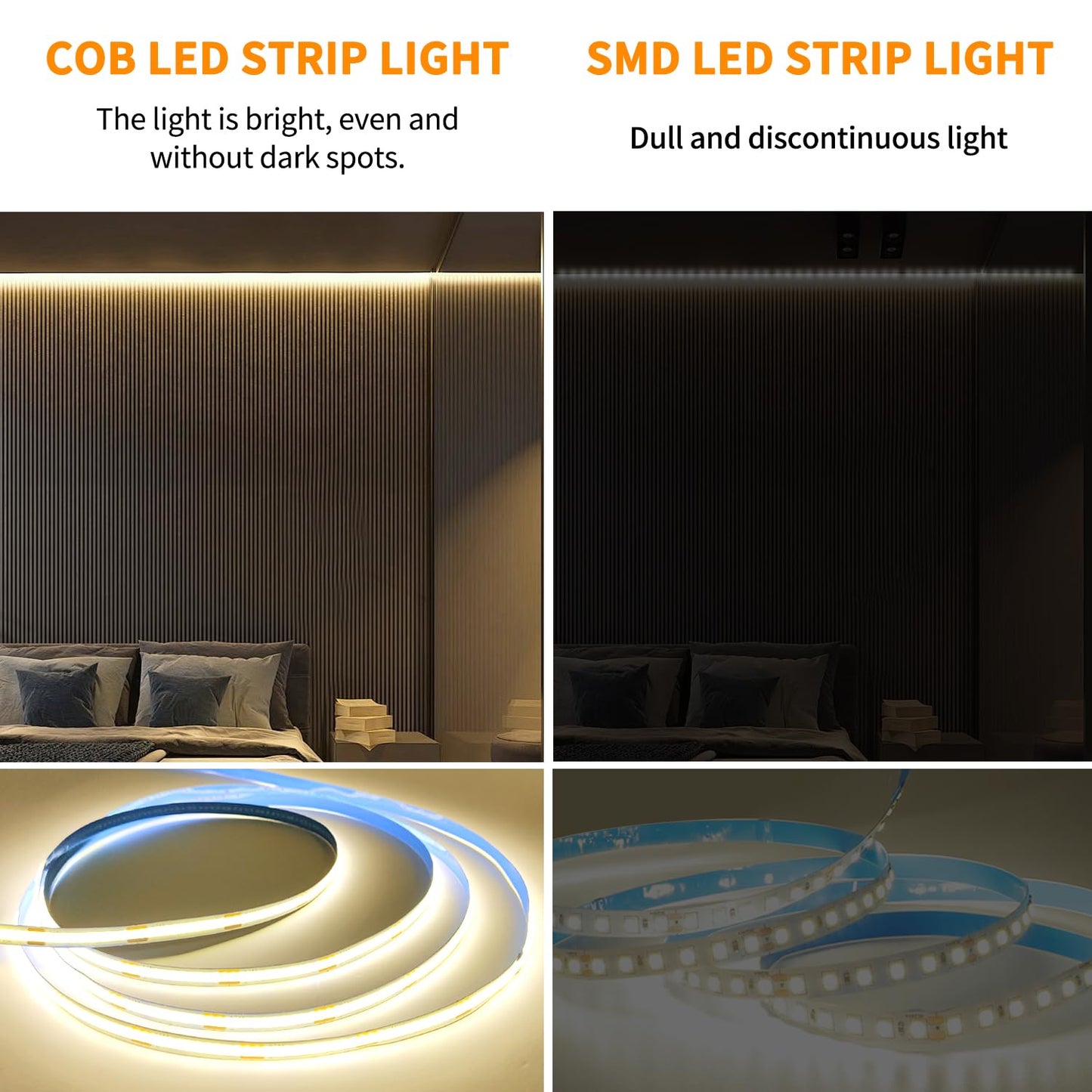 Yeewhale 100FT COB LED Strip Lights, Dimmable 3000K Warm White, Flexible LED Tape Light with Remote & App Control, Model Yeewhale-100cobNB01
