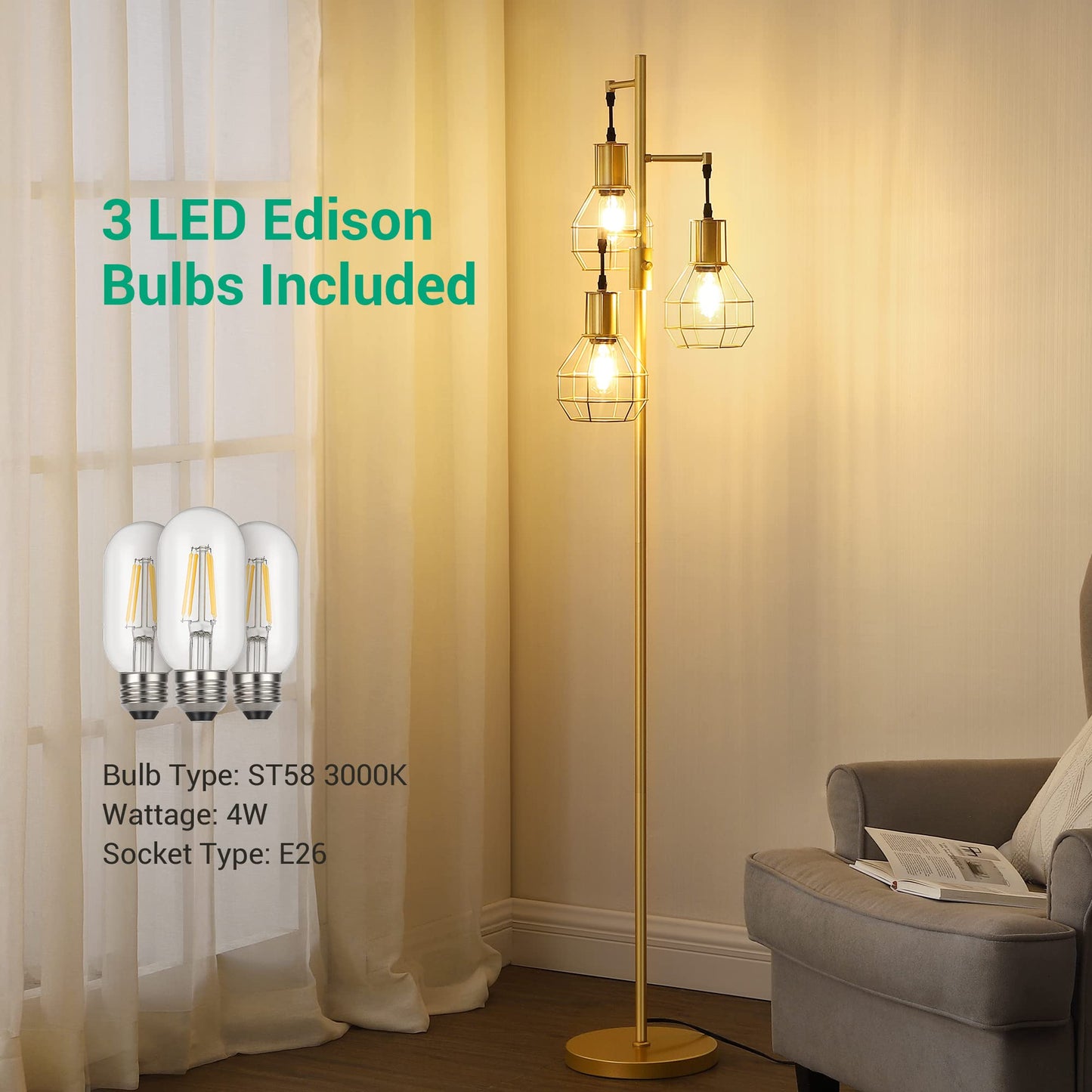 Edishine Industrial Dimmable Floor Lamp, Gold Metal Design With 3 Led Edison Bulbs, Modern Tall Corner Lamp For Living Room, Model Hflg03G