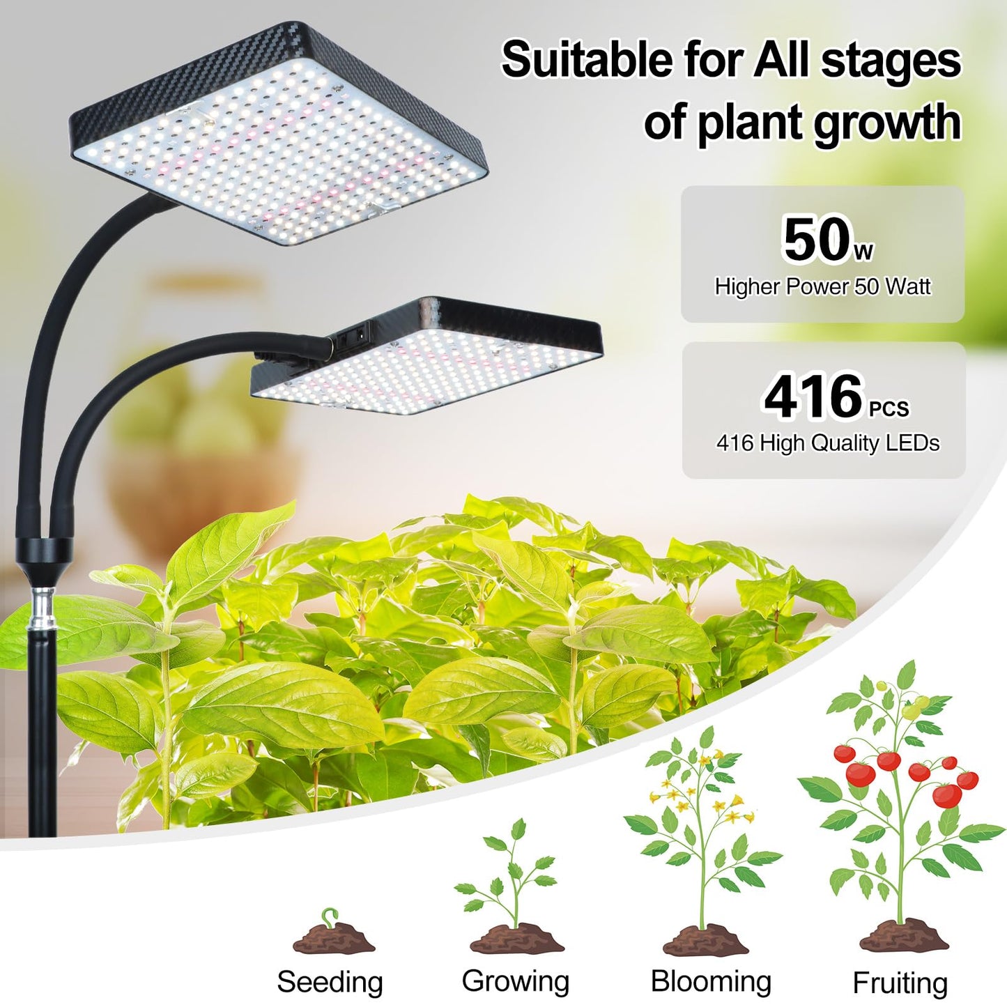 Orchbloom Grow Light with Stand, 50W Full Spectrum Plant Lamp, 2 Head, Black, Model Zinqolay