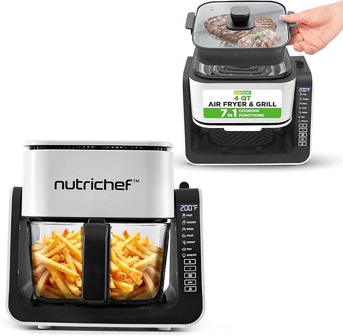 NutriChef 4 QT Air Fryer & Grill | 8-1 Preset Cook Modes | Transparent Fry Bowl for Best Cooking Results | Cook Shrimp, Steak, Fries, Wings & More | 4 QT Glass Air Fryer & 1.2 QT Grill | White