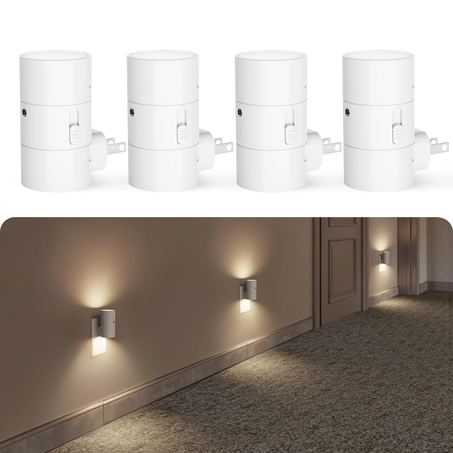 VOLISUN Dimmable LED Night Light, 0-100LM Adjustable Brightness, Amber/3000K/4500K, 4 Pack, White, Model XYD001-amber