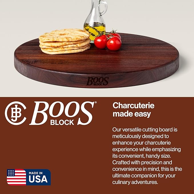 John Boos R-Board Series Round Wooden Walnut Cutting Board 18”x18” – 1.5” Thick, 9.5-lb Reversible Butcher Block with Edge-Grain – Made in the USA