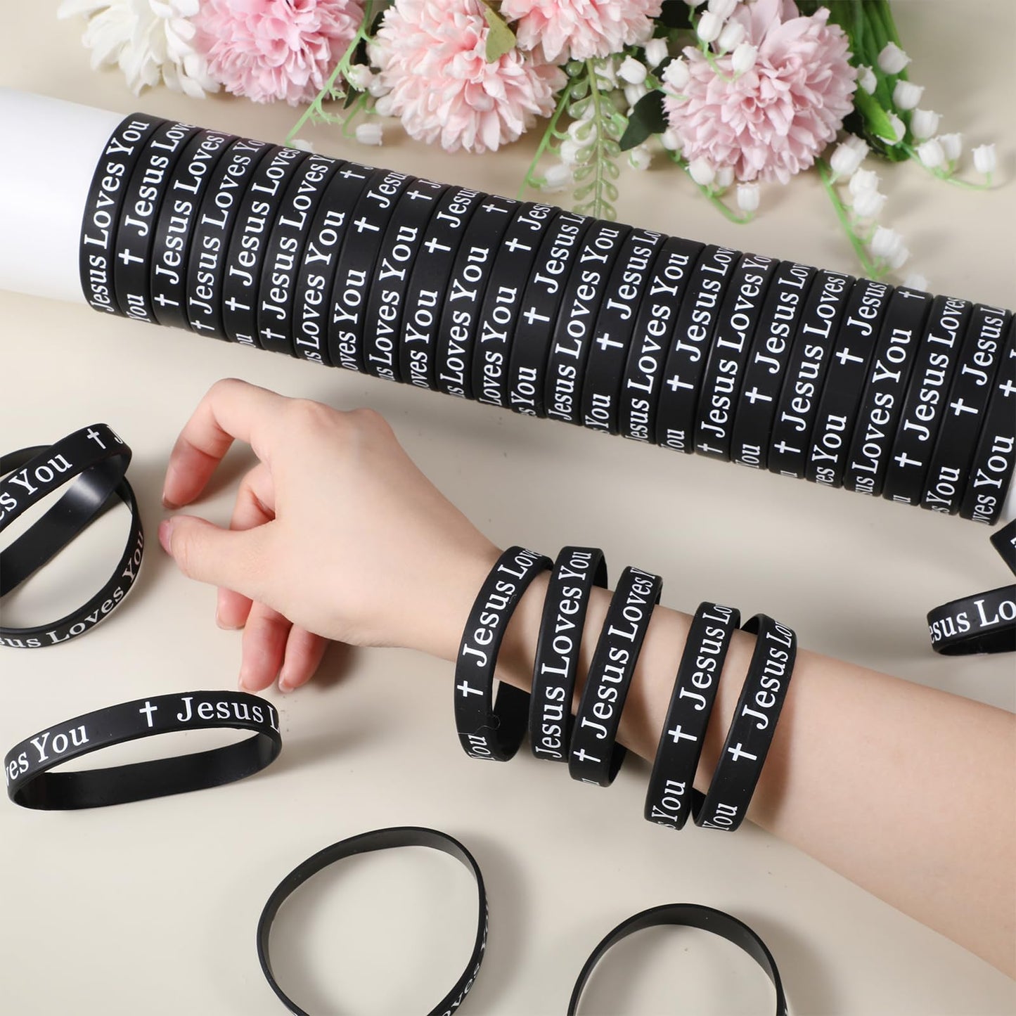 Arrowbash 50 Pcs Jesus Loves You Silicone Wristbands Christian Motivational Rubber Bracelets Religious Inspirational Bracelet Ch