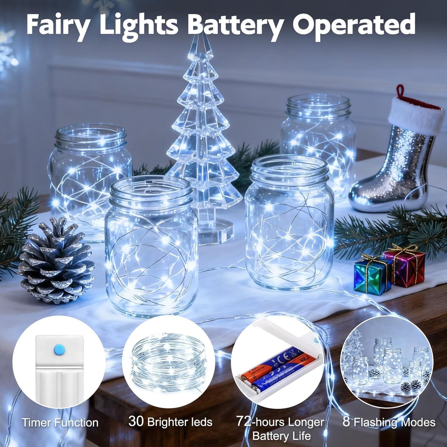 Yjfwal 12 Pack 10Ft 30Led Starry String Lights, Waterproof, Battery Operated, Cool White, 8 Modes Timer For Diy, Wedding, Party, Garden Decor