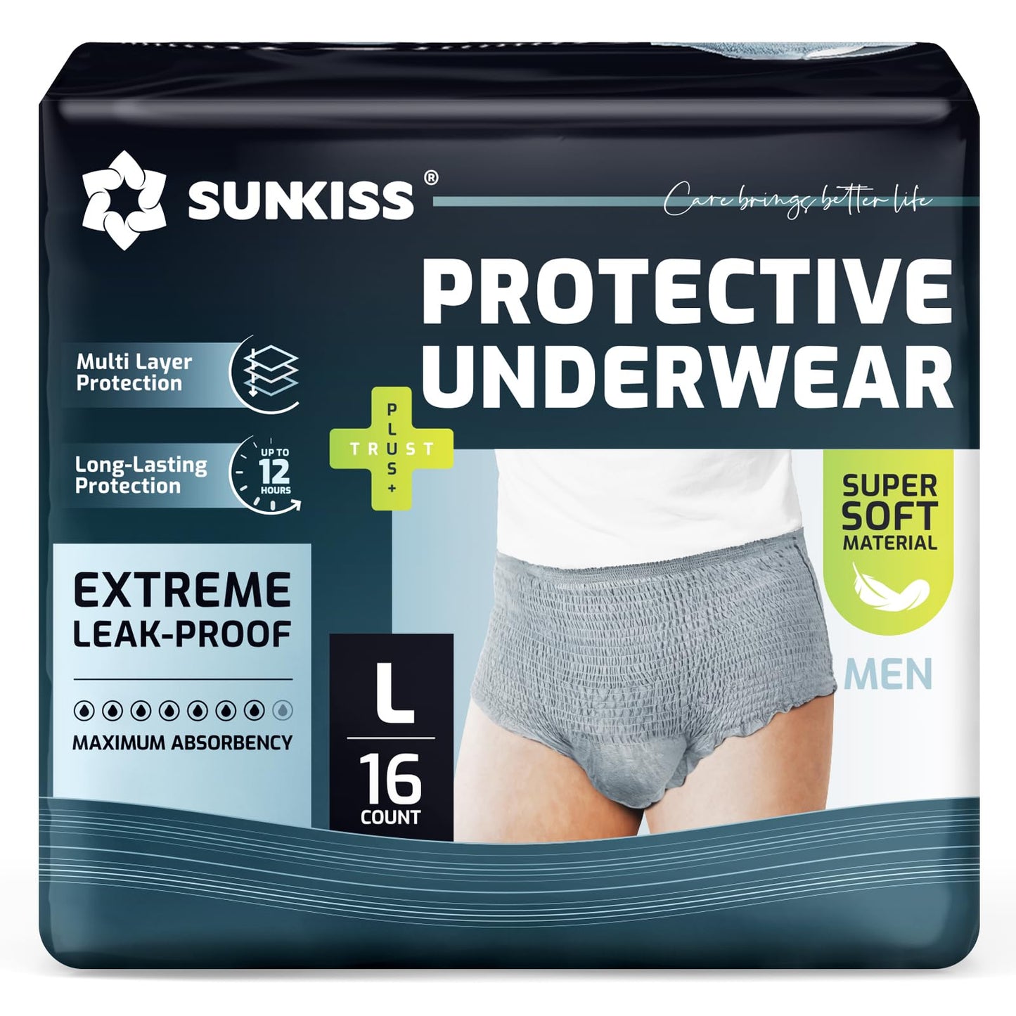 SUNKISS Incontinence Underwear for Men,Daytime Disposable Adult Pull Ups,Mens Protective Briefs with Maximum Absorbency, Large, Grey, 16 Count