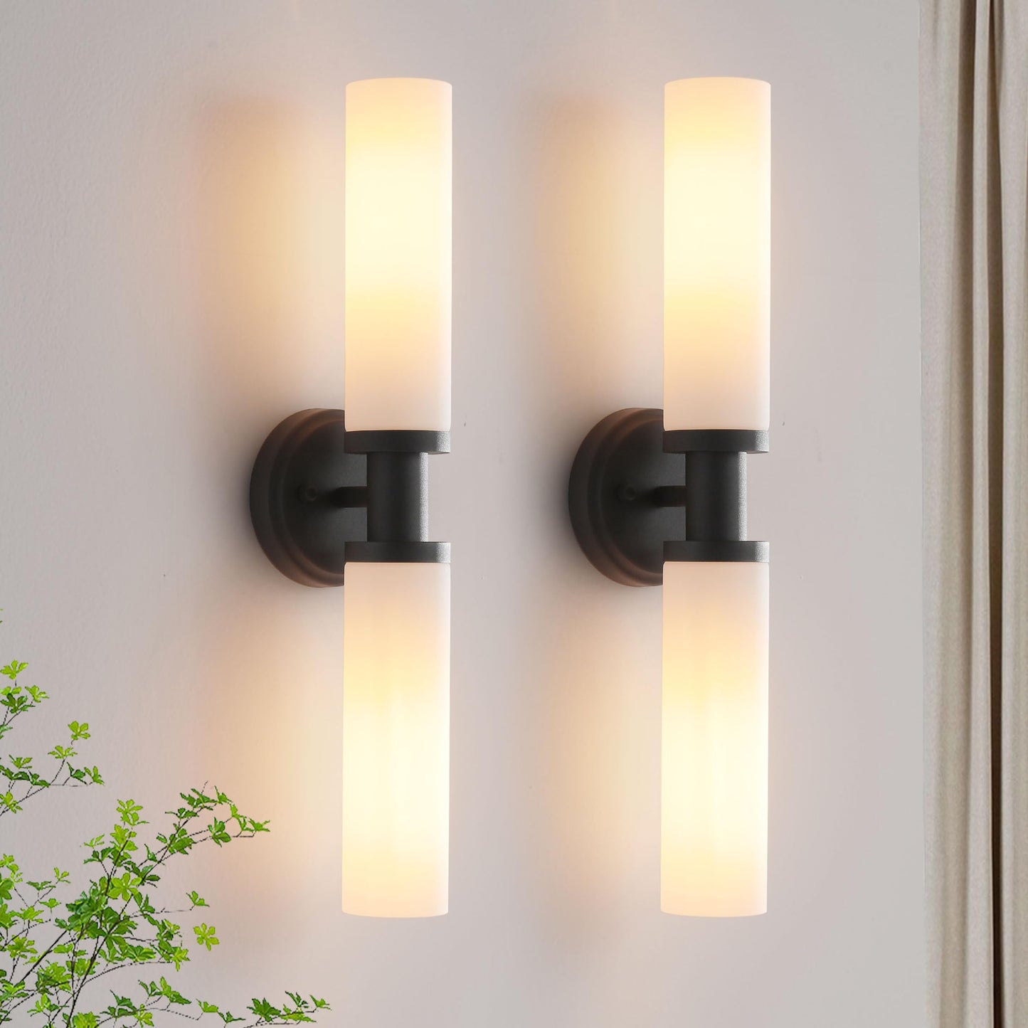 KUZZULL Wall Sconces Set of Two, Matte Black Iron with White Glass, Modern Wall Lighting for Bathroom, Living Room, Bedroom