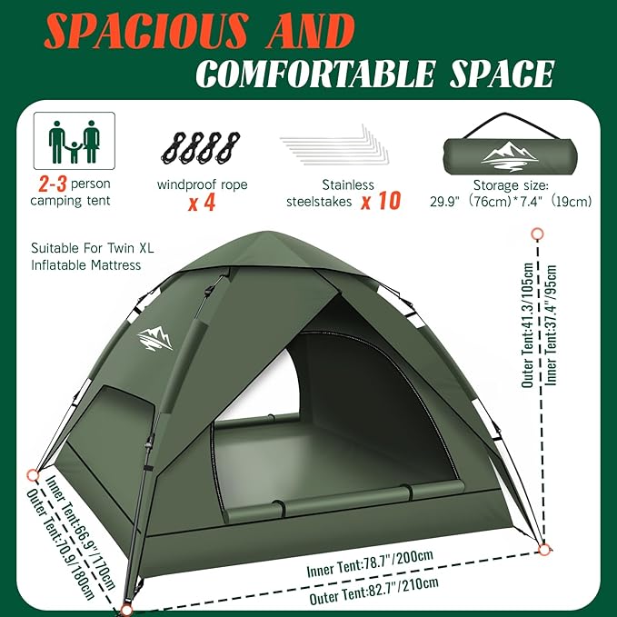 Pop Up Tents for Camping,2-3 Person Tent Easy Setup,Waterproof & Windproof Camping Tents, 60S Instant Double Layer Tent for Trekking, Family, Backpacking