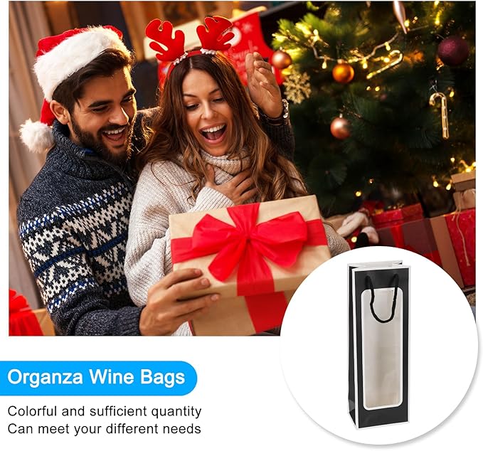 uxcell Wine Bags, 12pcs 4.92"x3.35"x14.2" Wine Gift Bags with Rope Handles, Paper Wine Tote Bag with Clear Window for Wedding Birthday Christmas Party Supplies, Black White