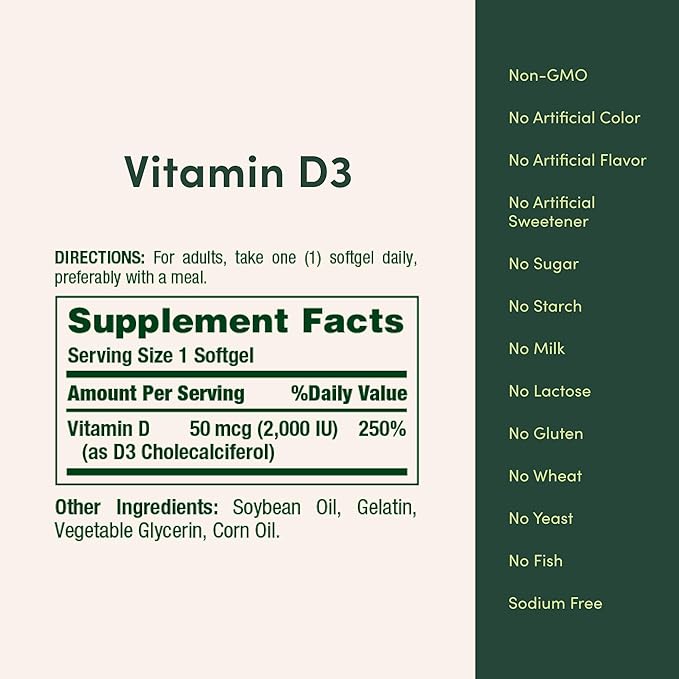 Nature's Bounty Vitamin D3 2000 IU | Supports Immune Health, Calcium Absorption & Bone Strength | Essential for Healthy Bones| Non-GMO, No-Gluten | 350 Softgels, 1 Serving Per Day for Daily Health
