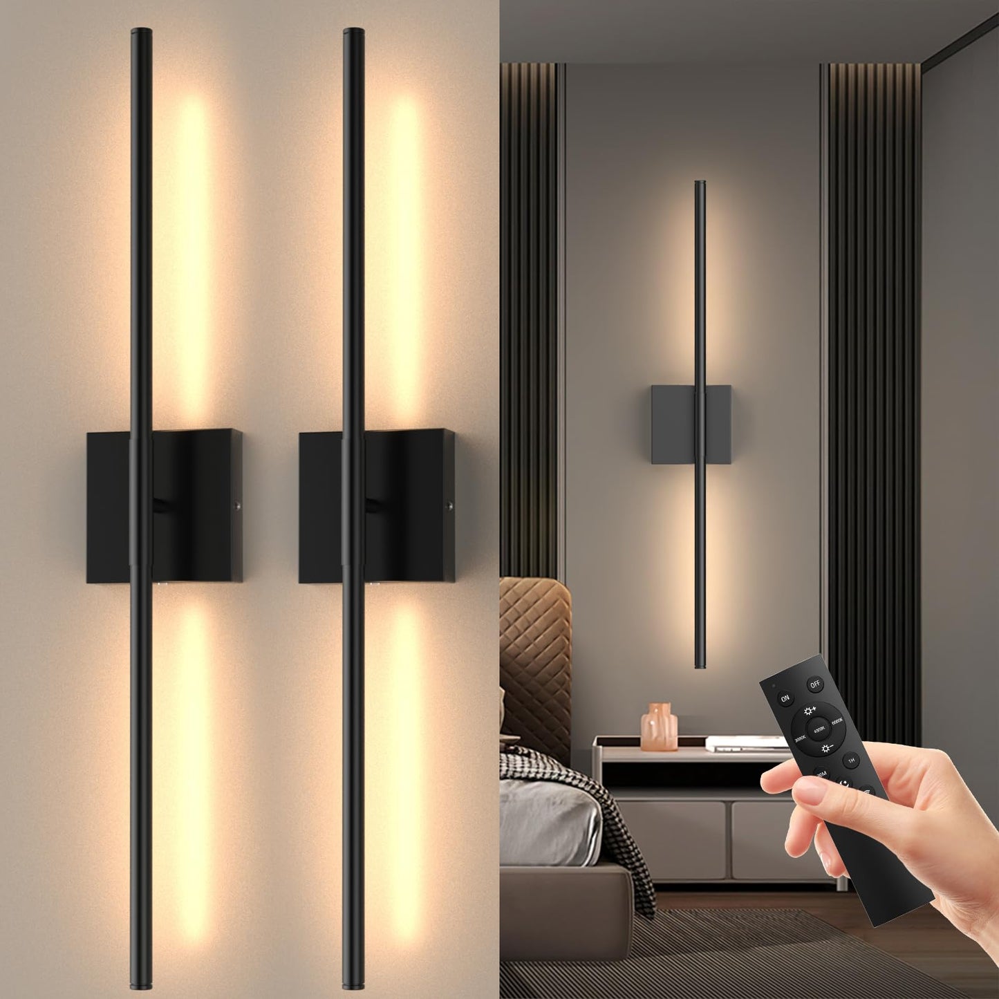 Tartek Battery Operated Wall Sconces Set of Two, Dimmable 3000K-6000K, 32 Inch, Black, Model SE-WS-PB01S