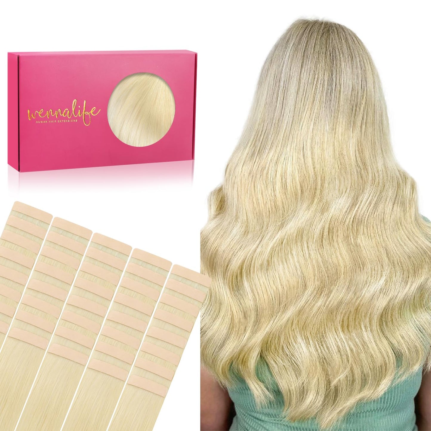 WENNALIFE Tape in Hair Extensions Human Hair, 40pcs 100g 14 inch Bleach Blonde Remy Hair Straight Tape in Extensions Invisible R