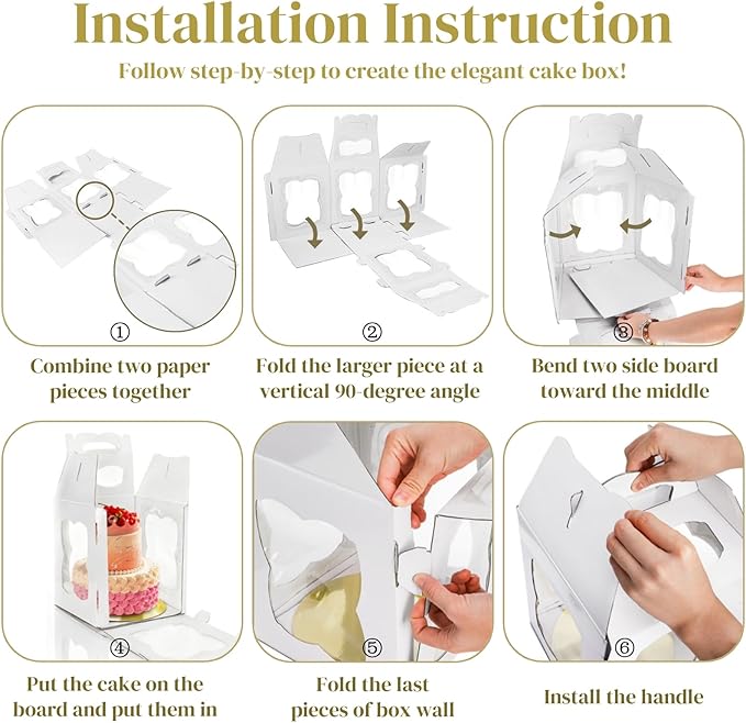 6 Pieces Tall Cake Boxes for Tier Cakes, 10''W x 10''L x 12''H Paper Bakery Carrier with Cake Board Window Handle, Disposable Large Layer Cake Safe Transport Box for Birthday, Wedding, Party