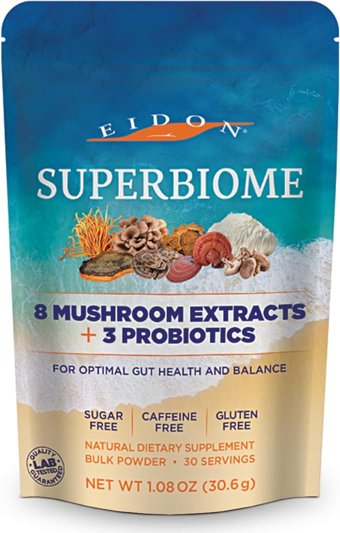 Eidon Ionic Minerals SuperBiome, Mushroom Probiotics Powder Blend, Microbiome Health Supplement with Organic Reishi, Chaga, Lion's Mane, Cordyceps, Turkey Tail, Shitake, Maitake, Phelinus, 30 Servings