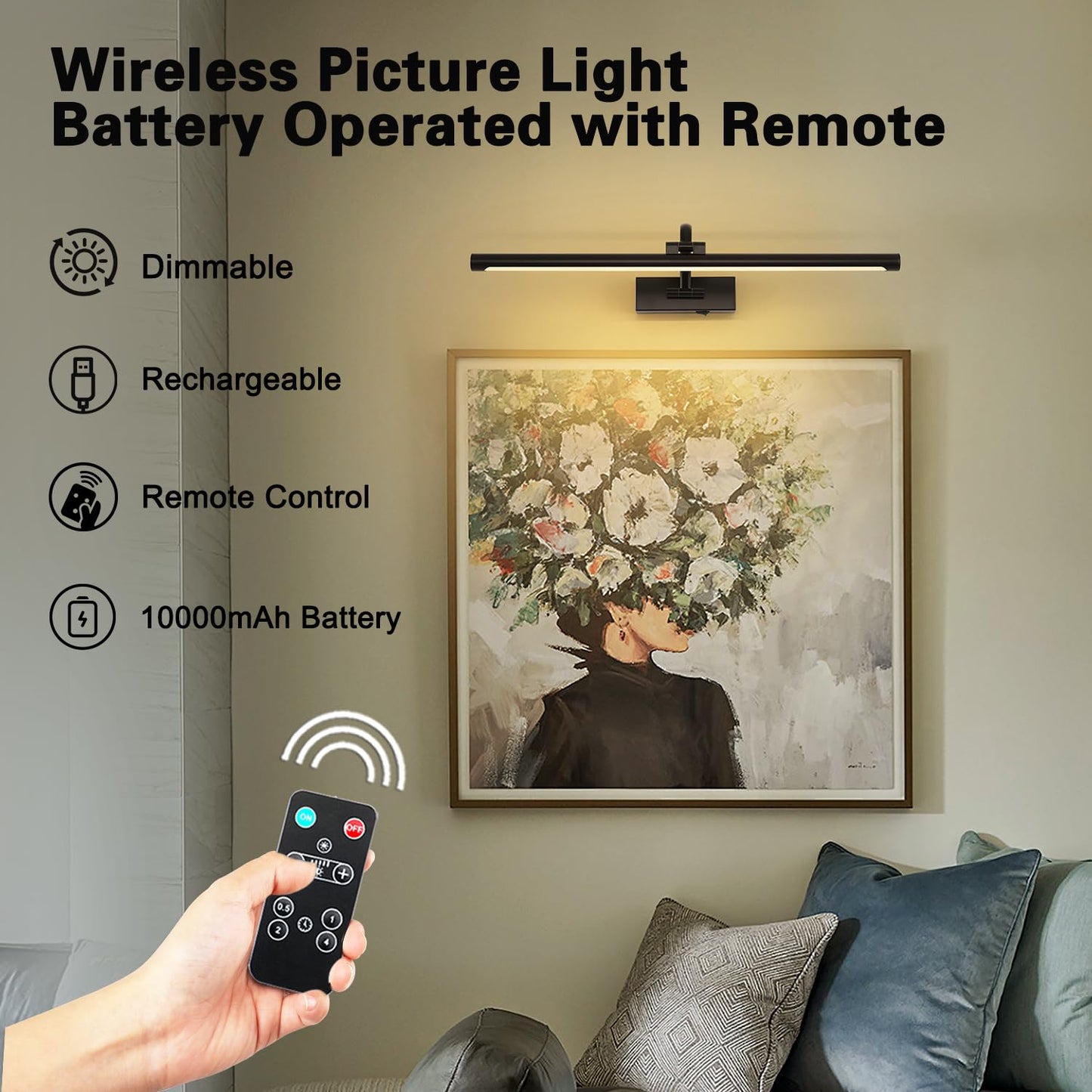 DESOOP Dimmable Black Picture Lights with Remote and Timer Wireless Art Lights Rechargeable Gallery Lighting for Canvas Portrait 24'' Inch 5W Warm White