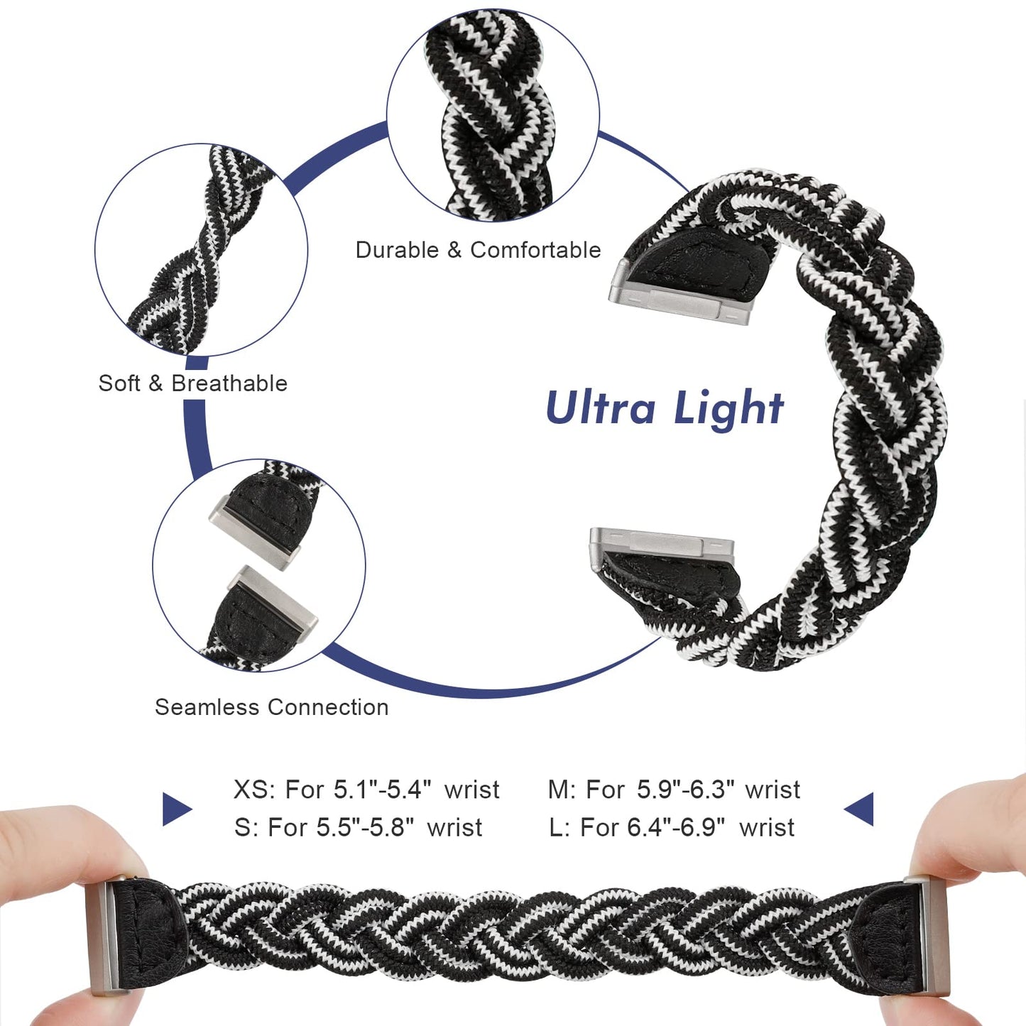 Wearlizer Elastic Band Compatible With Fitbit Sense/Versa 3/Sense 2/Versa 4 For Women, Slim Solo Loop Braided Strap Stretchy Wov