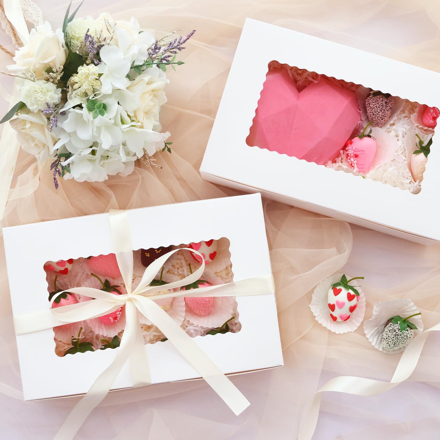 TOMNK 7pcs Cookie Boxes, 12x8x2.5 Inches White Bakery Boxes with 3 Style Window for Chocolate Covered Strawberries, Treats, Breakable Heart, Pastries, Desserts and Cake Pops