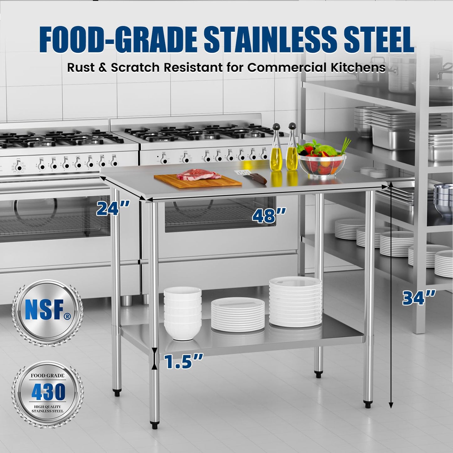 Chingoo Stainless Steel Work Table 24x48 Inch with Adjustable Undershelf & Backsplash, Heavy-Duty Prep Table for Commercial Kitchen, Restaurant, Garage, Outdoor