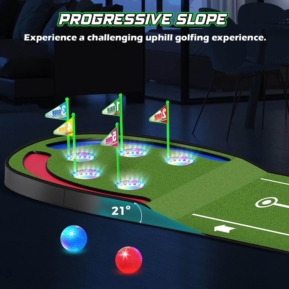 Upgraded Golf Putting Mat for Kids, 7.8 Ft Putting Green with LED Light up Holes, Glowing Balls, 2 Clubs, Toy Golf Game Set, Golfing Mats Indoor Outdoor, Sport Golf Gift for Kids Teens Family