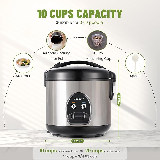 Electric Rice Cooker with One Touch for Asian Japanese Sushi Rice, 10-cup Uncooked/20-cup Cooked, Fast&Convenient Cooker with Steamer, Stainless Steel Housing and Auto Warmer