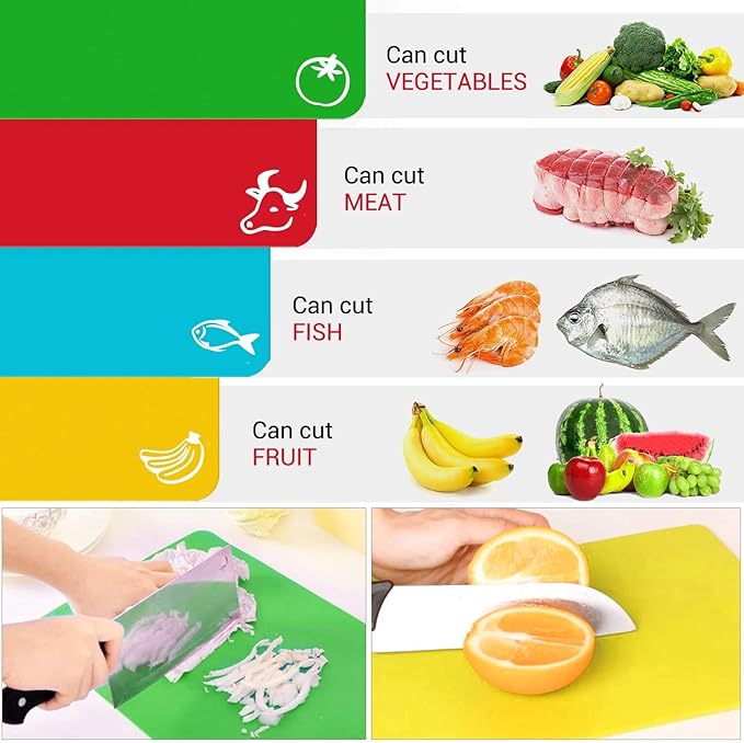 Kitchen Plastic Cutting Board Set - Extra Thick Flexible Cutting Mat for Cooking, Non-Slip Chopping Board with Colored Food Icons & Easy-Grip Handles, Dishwasher Safe, Set of 4