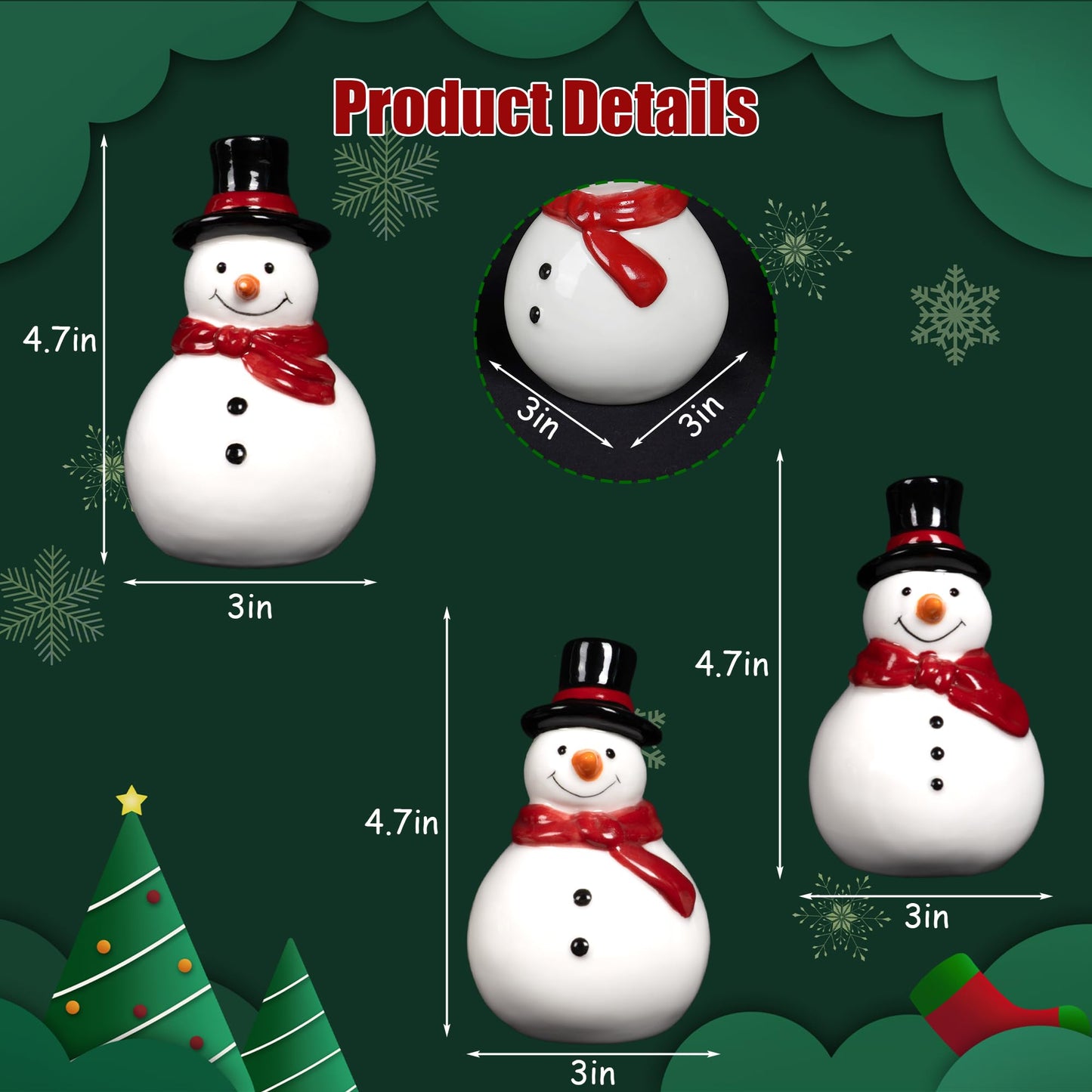 Nerosun Christmas Snowman Figurines  3 Pack Ceramic Cute Led Lighted Snowman Tabletop Christmas Decorations  Light Up Table Ornaments For Indoor Cabinet Mantel Fireplace Winter Xmas Decor