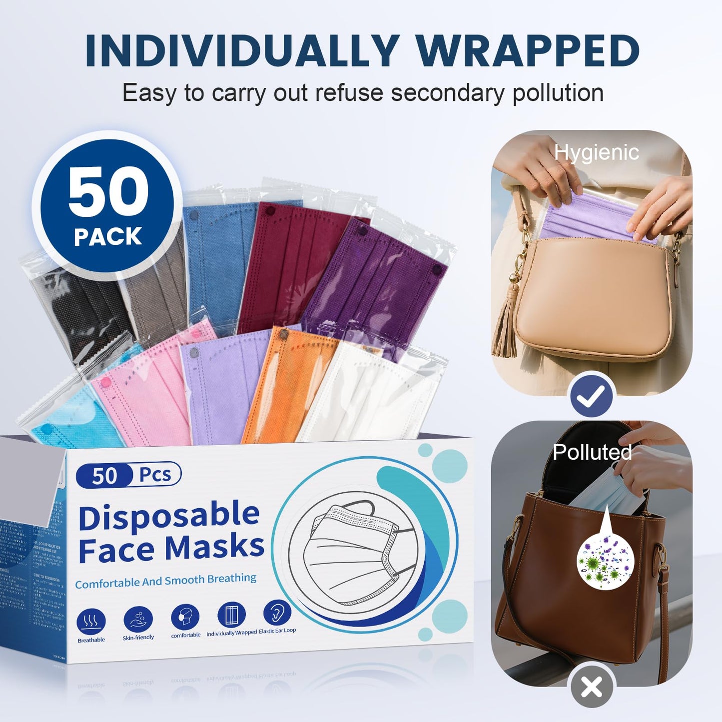 Disposable Face Mask for Adults - 4 Ply Protection, Individually Wrapped 50 Pack, 10 Colors, Breathable Comfortable & Safe