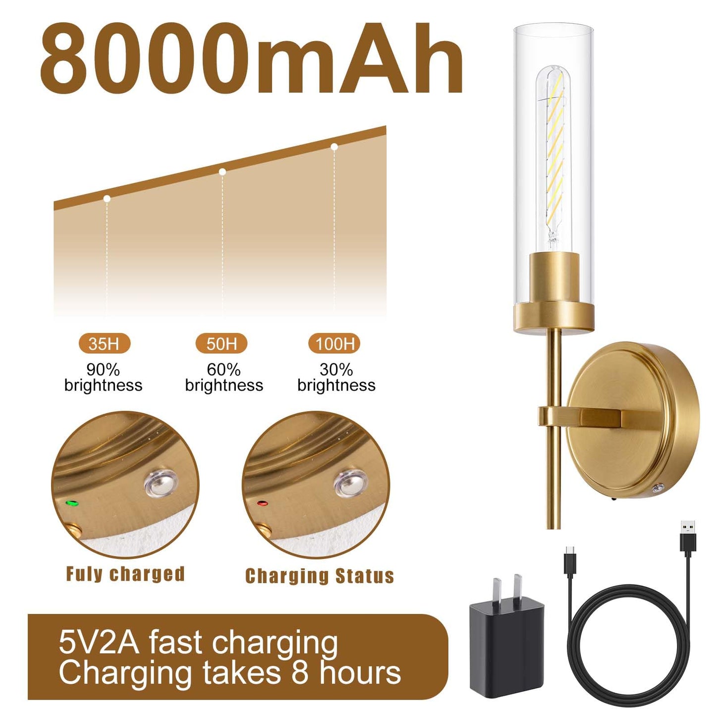 Loiogohot Battery Operated Wall Sconce, Gold, Dual Color Temperature, 8000mAh, Model WL-BN1124-GD-Two Color