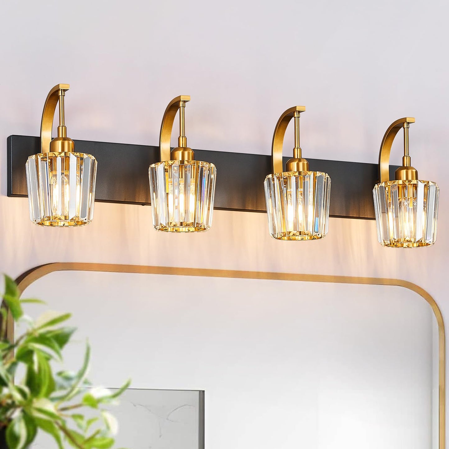 Fdpby Modern Bathroom Vanity Light  4-Light Black Gold Wall Sconce With Crystal Accents  Over Mirror Bathroom Lighting Fixture  32.67 Long Dimmable Vanity Lamp For Makeup  Easy Installation