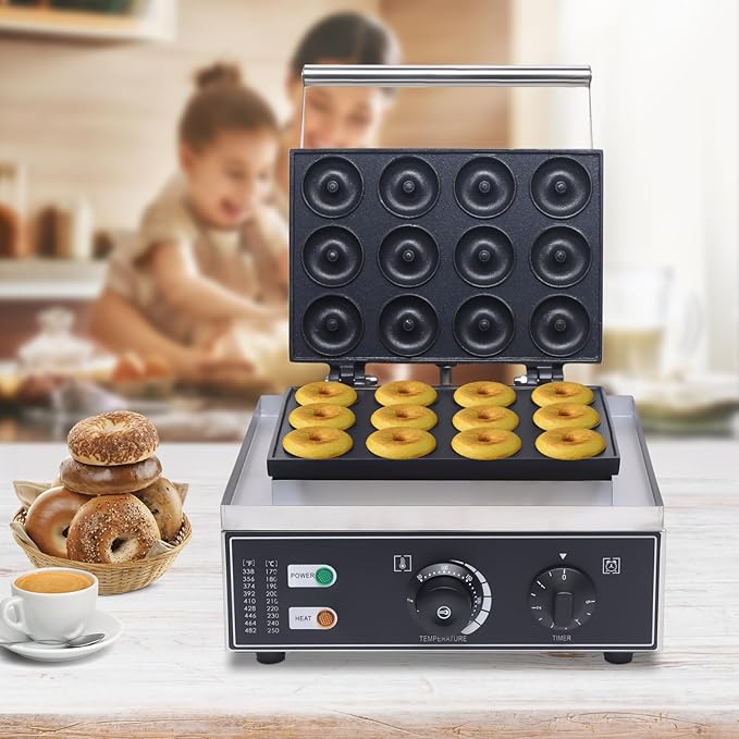 Electric Donut Maker, 12 Hole Double-Sided Heating Waffle Machine Makes, 1550W Commercial Non-stick Donut MakerTeflon-Coating for Restaurant & Home Use Temperature 122-572℉