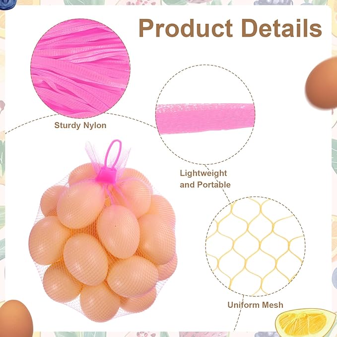 uxcell 100Pcs Reusable Produce Mesh Bags, 30cm Mesh Nylon Netting with Loop-Style Closures, Stretchable Egg Hatching Bags for Fruit Vegetable Storage, Pink