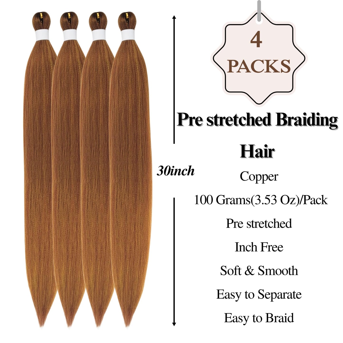 Copper Boho Braiding Hair Pre stretched Boho Hair for Braiding Curly Knotless Bohemian Braids(30 inch, Packs of 5)