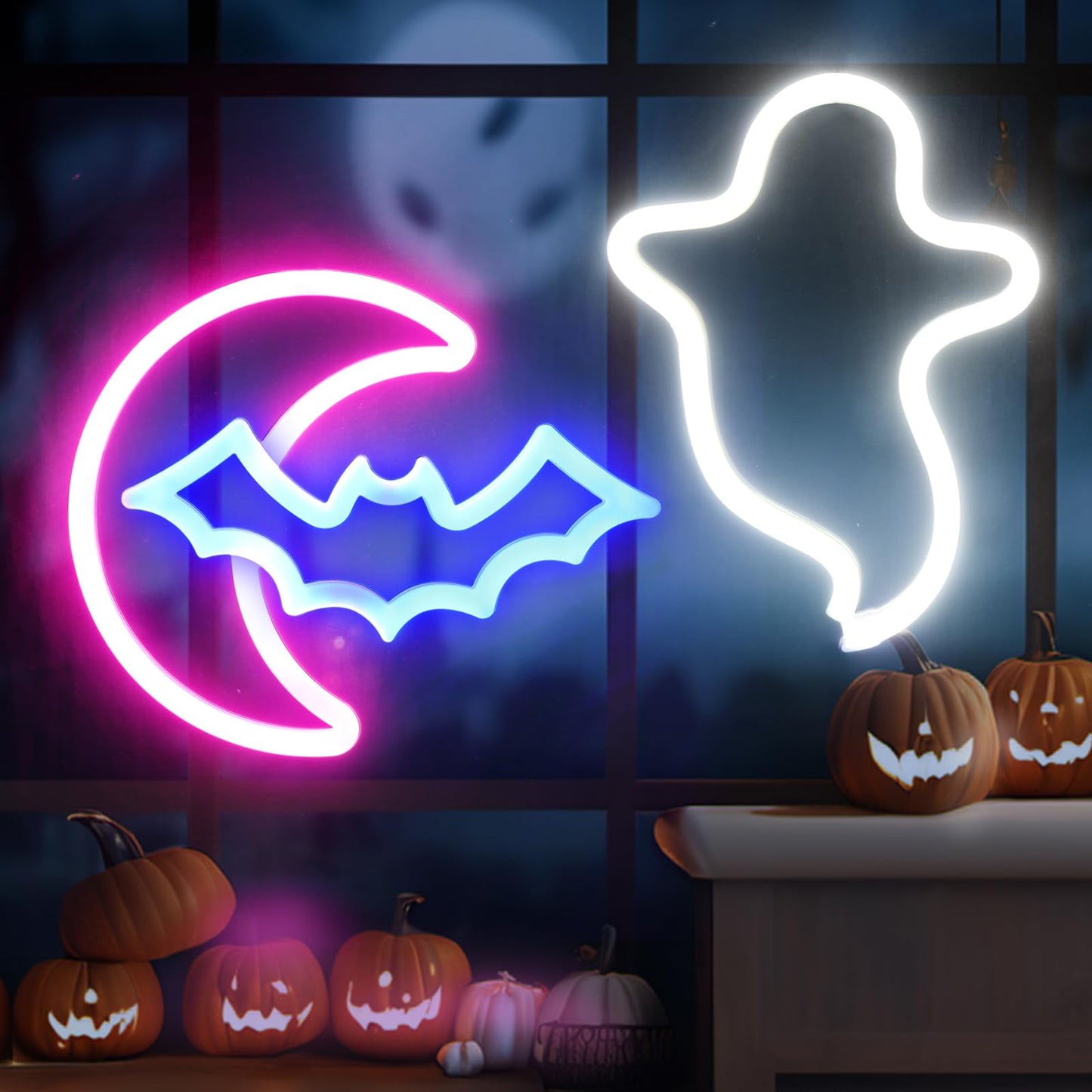 Brightdeck 2 Pack Halloween Neon Signs  White Ghost  Blue Bat Full Moon Neon Lights Decorations  Usb/Battery Powered Led Neon Sign For Halloween Wall Decor  Bedroom  Kids Gift  Living Room  Bar  Party (Half Moon)