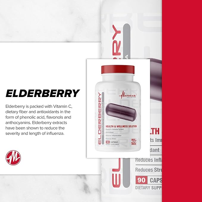 Metabolic Nutrition Elderberry with Vitamin C and Zinc, 1200mg, 90 Vegan Capusles, Supports Immune System, Antioxidant, Reduces Inflammation as Well as Stress Relief