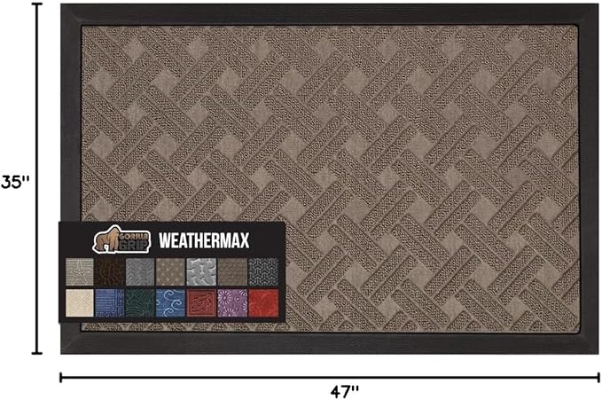 GORILLA GRIP 100% Waterproof All-Season WeatherMax Doormat, 47x35, Durable Natural Rubber, Stain and Fade Resistant, Low Profile, Indoor Outdoor Door Mats, Easy Clean Entry Mat, Taupe Basket Weave