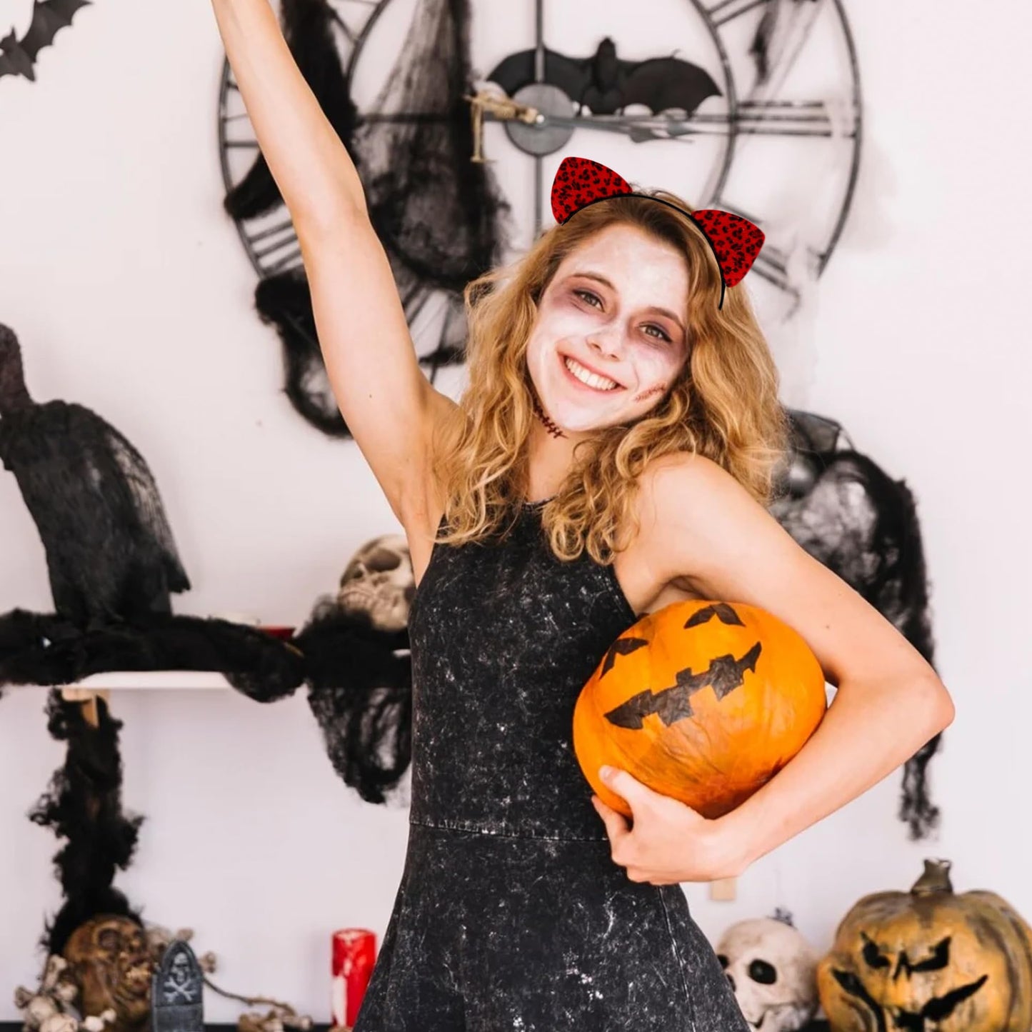 Cat Ears Headband for Women Cute Cat Costume Hair Accessories for Halloween Party Cosplay (Red, One Size)