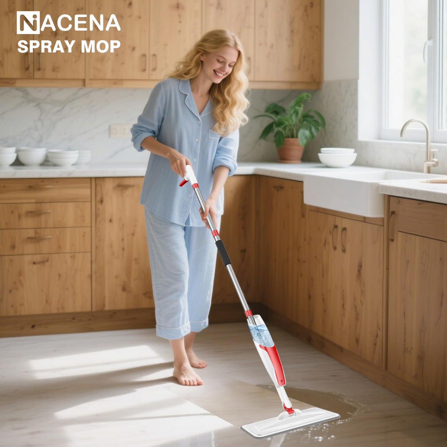 nacena Spray Mop for Floor Cleaning, Dust Mop with 420 ml Refillable Bottle and 3 Pcs Washable Pads Dry Wet Floor Mop for Household or Commercial Use for Hardwood Laminate Tile Ceramic, Red&White