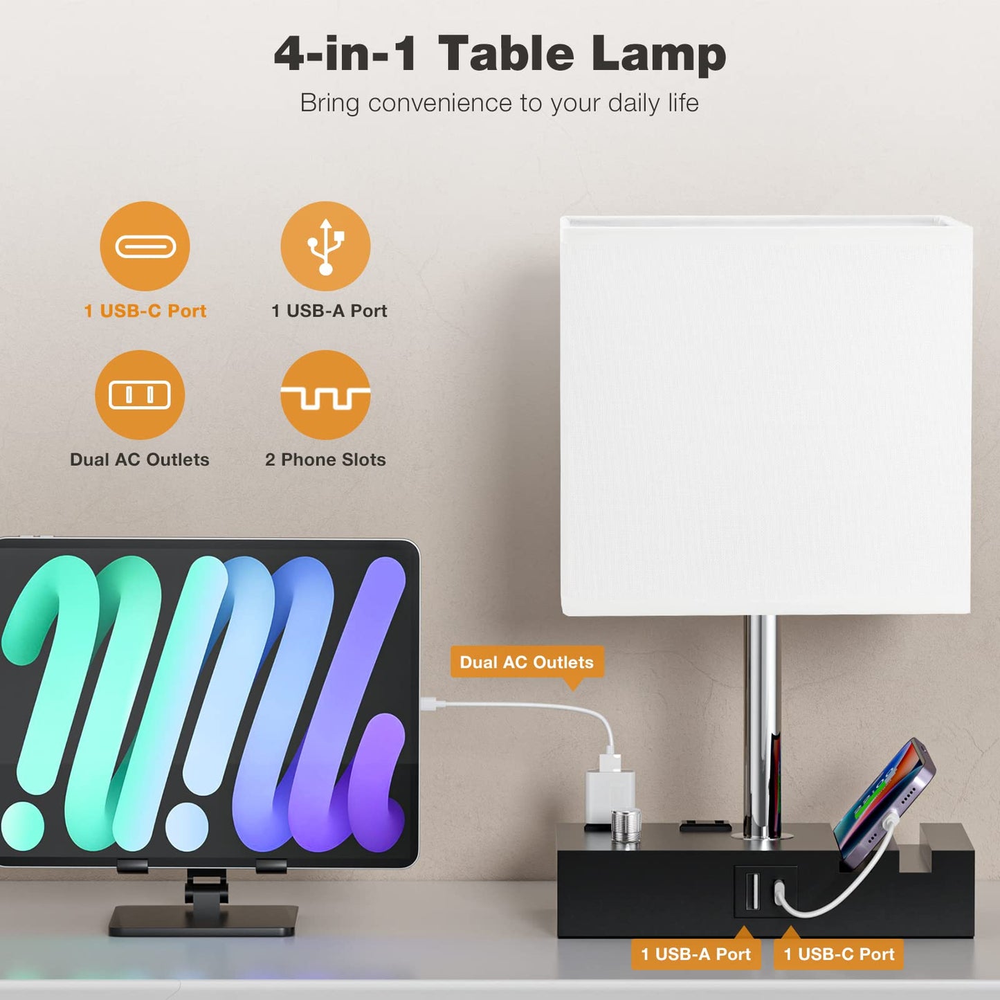 Kakanuo Bedside Lamps Set of 2, Fully Dimmable, USB C Ports, Wooden, White Shade