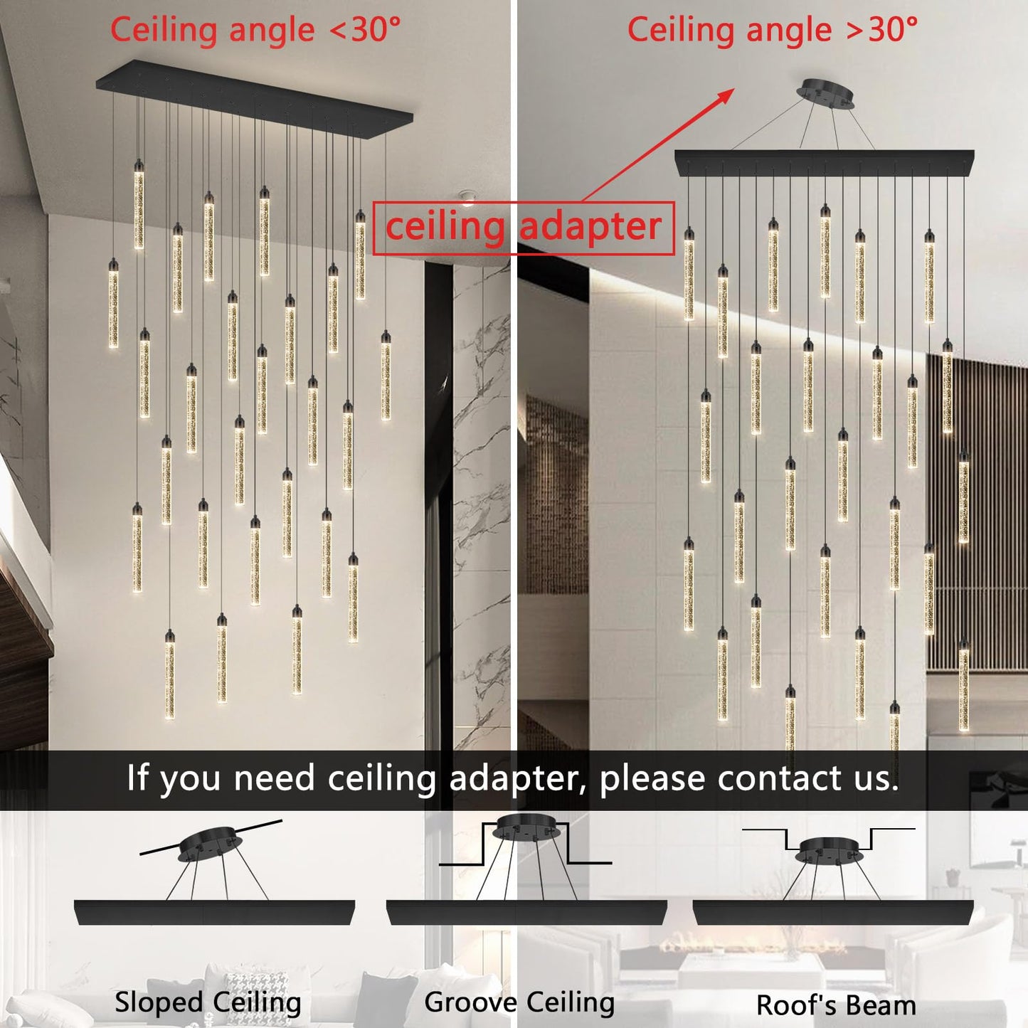 Rectangular Chandeliers 26-Lights Long Light For Entryway Led Dimmable Chandeliers Lighting Fixture Flat Sloped High Ceiling Pendant Lights Crystal For Living Room Foyer Hallway Staircase Black