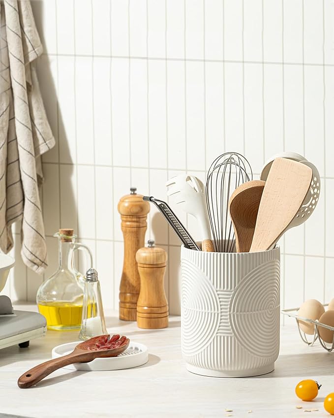 Utensil Holder, 7.2" Kitchen Utensil Holder for Counter, 2-in-1 Ceramic Cooking Utensils Holders with Spoon Rest, Utensil Crock for Spatula, Ideal Housewarming Gift (White)