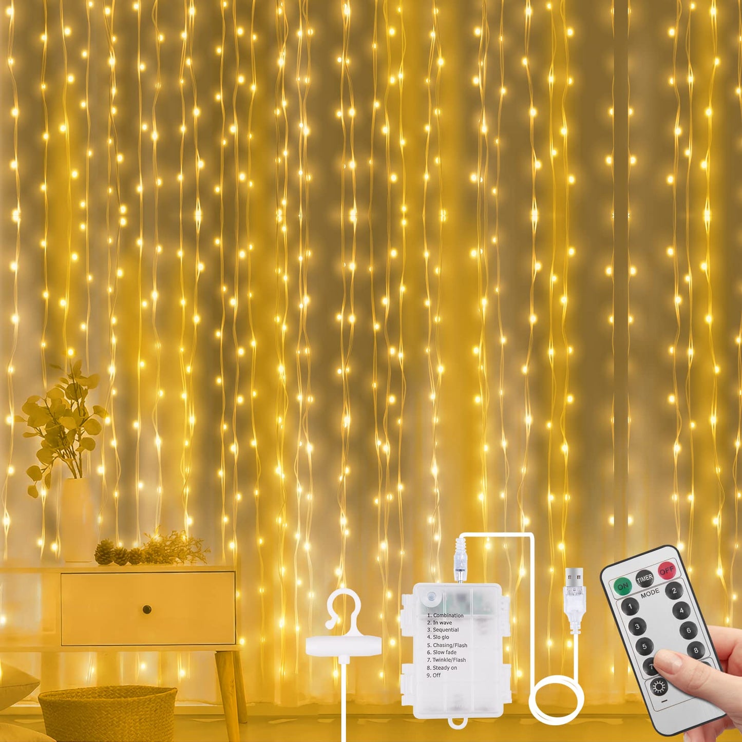 Vicloon Fairy Curtain Lights, 300 LED Warm White, 9.8x9.8Ft, Waterproof, USB & Battery Powered, Remote Control, Model 2879733