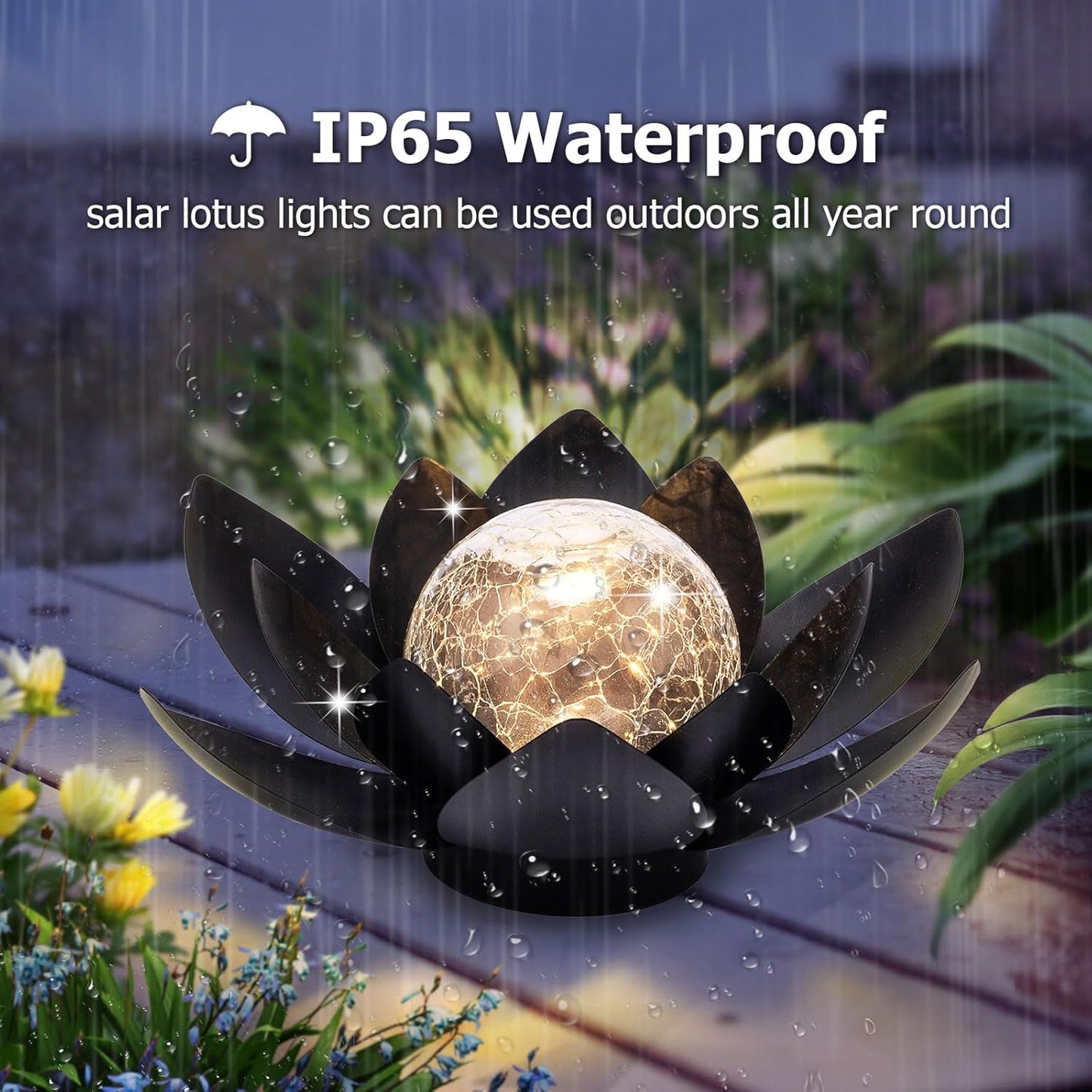 Huaxu Solar Lights Outdoor Garden Decor Metal Black Lotus Decoration, Crackle Globe Glass Waterproof LED Outside Table Lamp for Patio,Lawn, Yard,Walkway,Tabletop,Ground Gifts for Mom