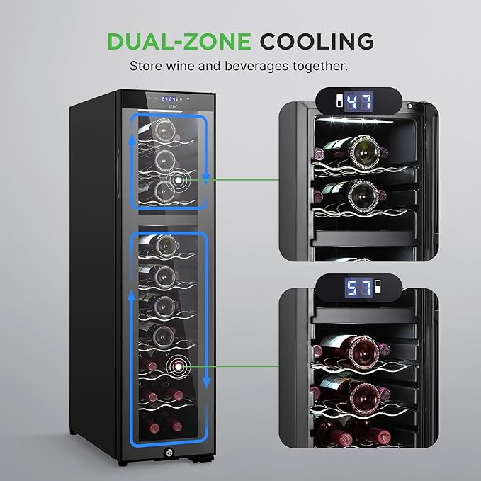 Nutrichef 27 Bottle Wine Fridge | Dual Zone Adjustable Temperature Control 41°F to 64°F | Ultra Quiet | Wine Cooler For Home, & Office | FreeStanding 43x11x23 IN | Black