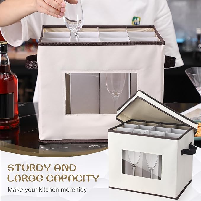 Uiifan 6 Pack Stemware Storage Box Set with Dividers, 12 Compartments Wine Glasses Storage Containers Cases Dust-proof, Transparent Window, Handles for Moving(Beige)